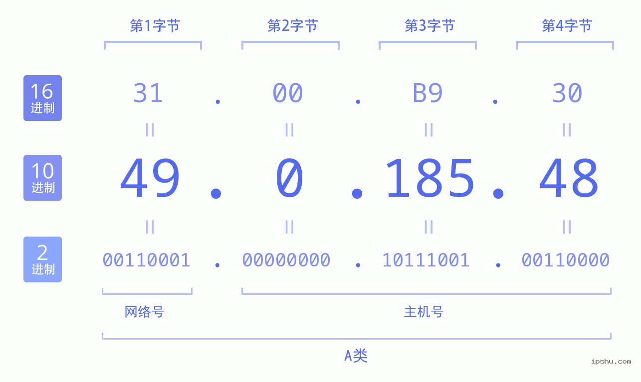 IPv4: 49.0.185.48 网络类型 网络号 主机号