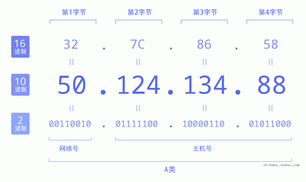 IP地址:50.124.134.88 数据结构图 二进制 十进制 十六进制 IPv4: 50.124.134.88 网络类型 网络号 主机号