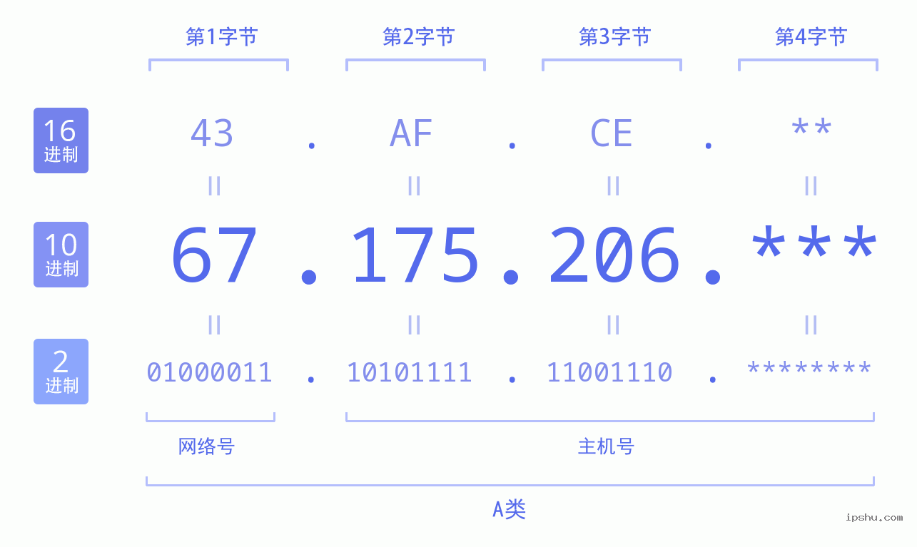 IPv4: 67.175.206 网络类型 网络号 主机号