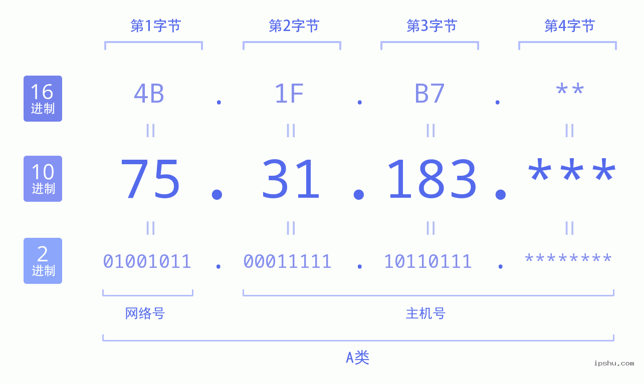 IPv4: 75.31.183 网络类型 网络号 主机号