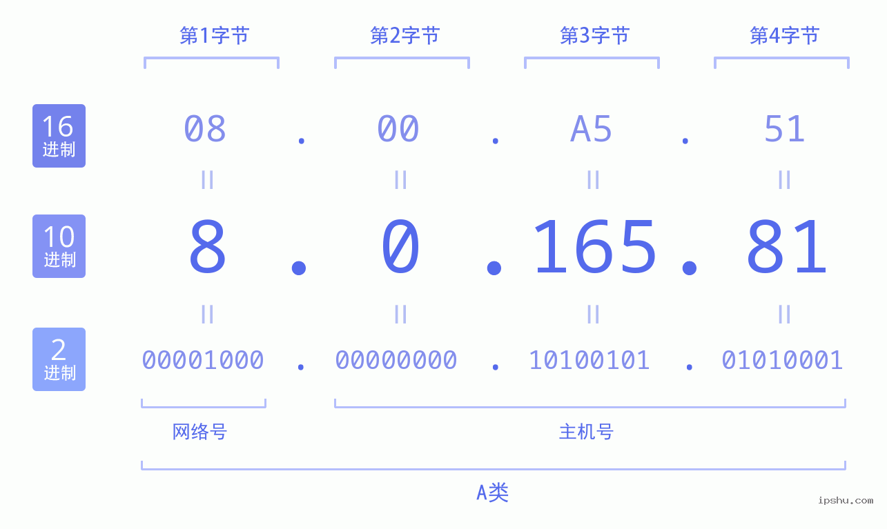 IPv4: 8.0.165.81 网络类型 网络号 主机号