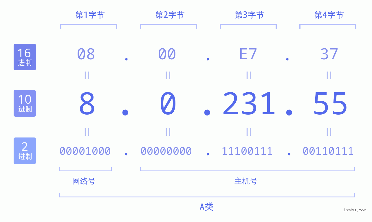 IPv4: 8.0.231.55 网络类型 网络号 主机号