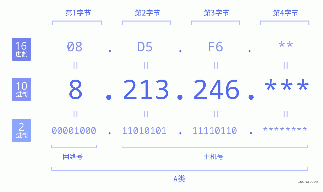 IPv4: 8.213.246 网络类型 网络号 主机号