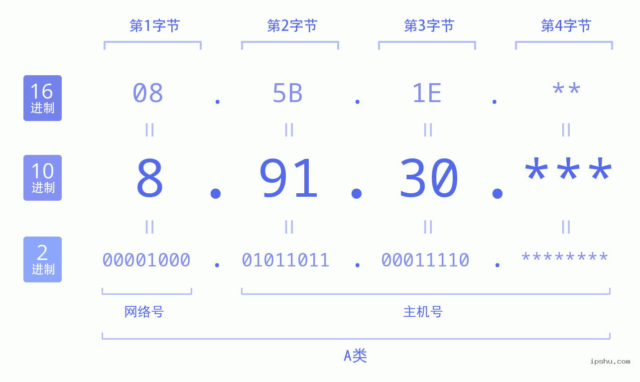 IPv4: 8.91.30 网络类型 网络号 主机号