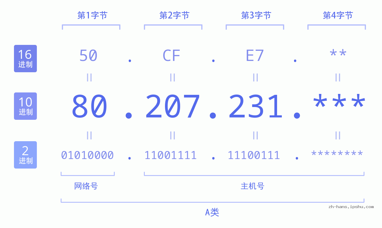 IPv4: 80.207.231 网络类型 网络号 主机号