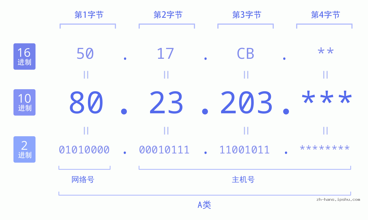 IP地址:80.23.203 数据结构图 二进制 十进制 十六进制 IPv4: 80.23.203 网络类型 网络号 主机号