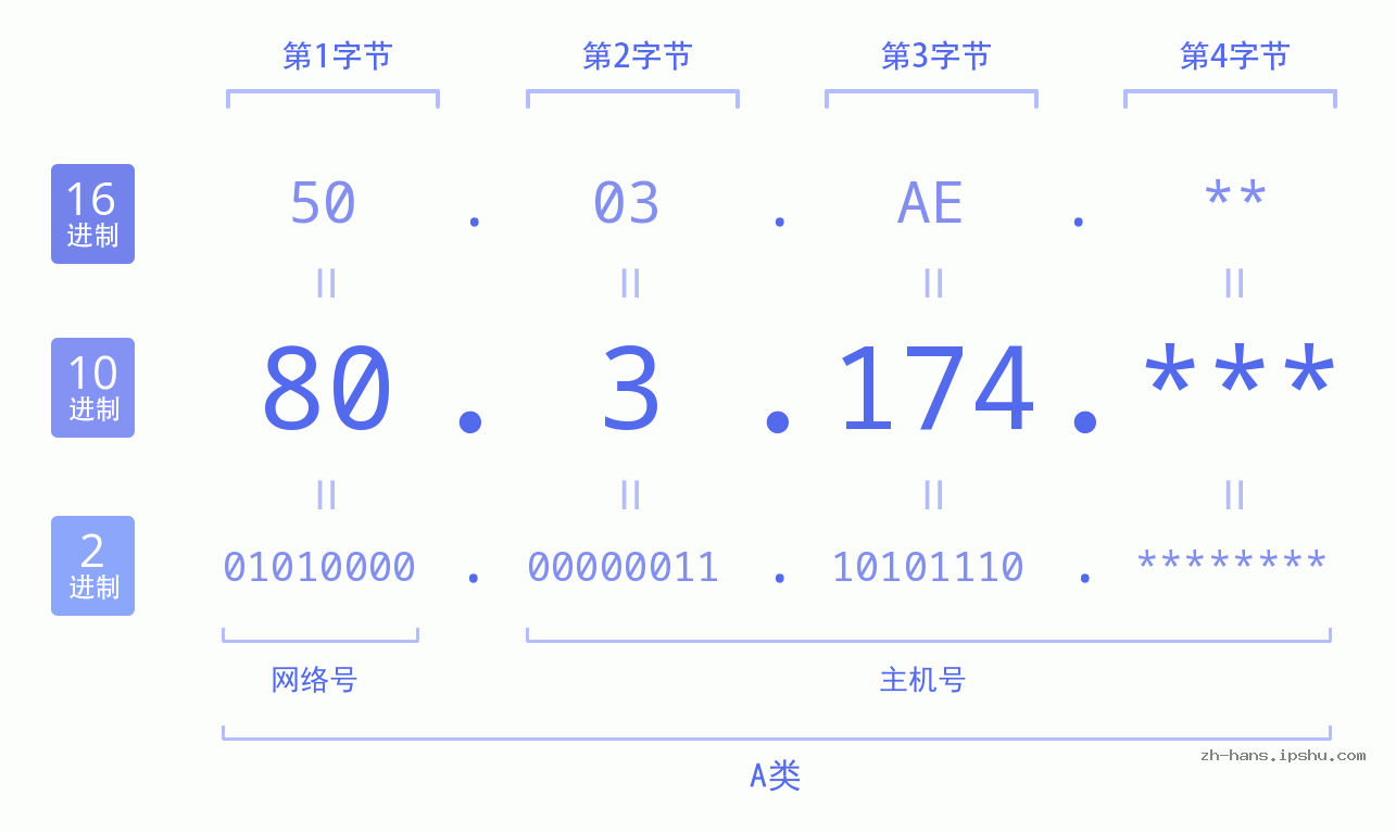 IP地址:80.3.174 数据结构图 二进制 十进制 十六进制 IPv4: 80.3.174 网络类型 网络号 主机号