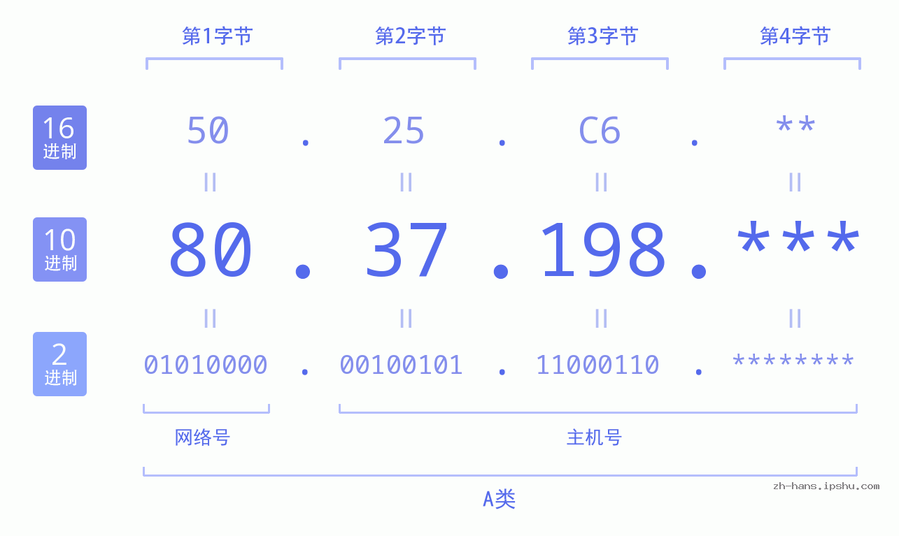 IP地址:80.37.198 数据结构图 二进制 十进制 十六进制 IPv4: 80.37.198 网络类型 网络号 主机号