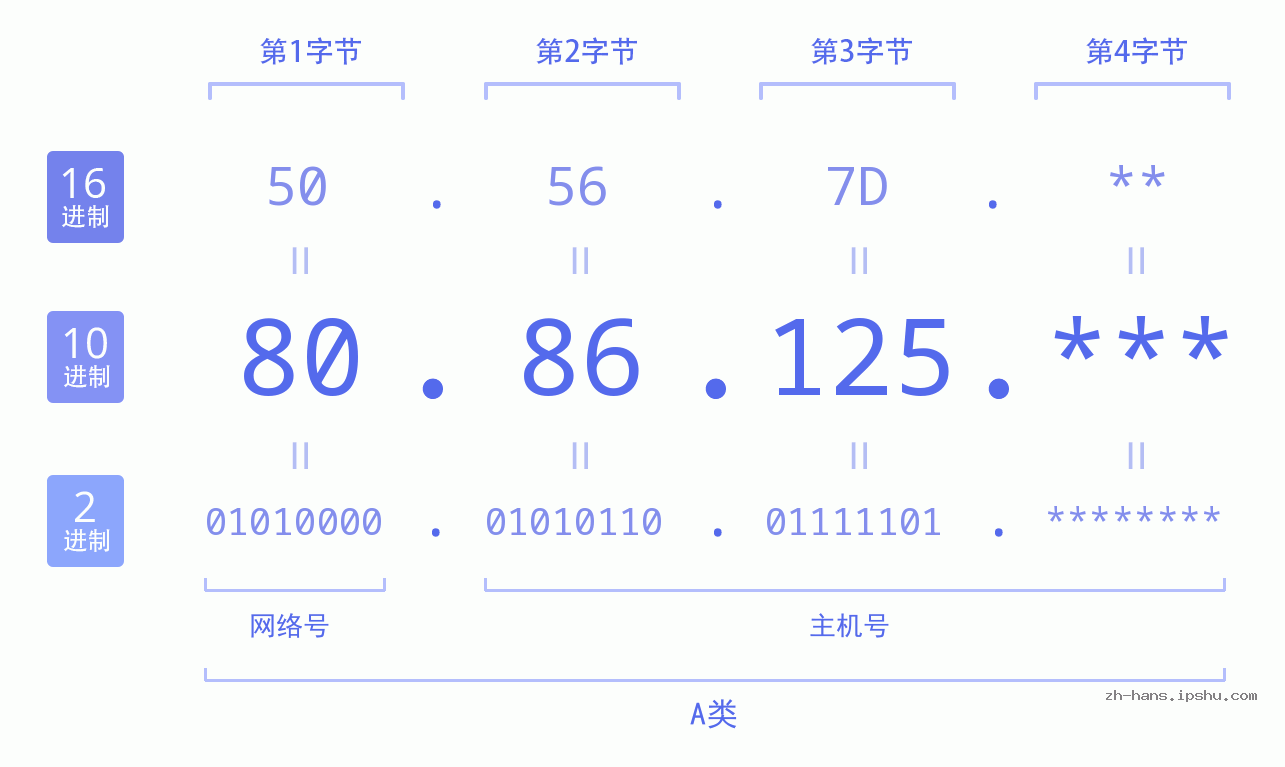 IP地址:80.86.125 数据结构图 二进制 十进制 十六进制 IPv4: 80.86.125 网络类型 网络号 主机号