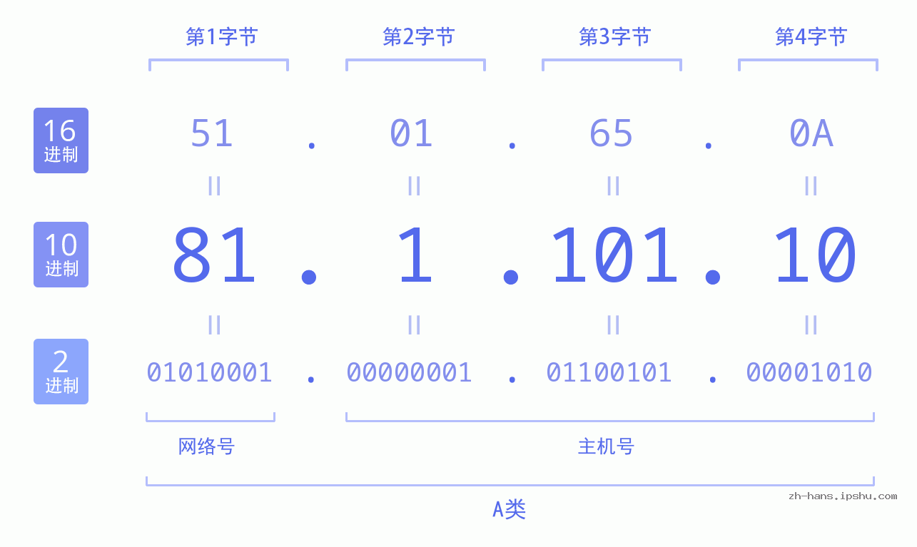 IP地址:81.1.101.10 数据结构图 二进制 十进制 十六进制 IPv4: 81.1.101.10 网络类型 网络号 主机号