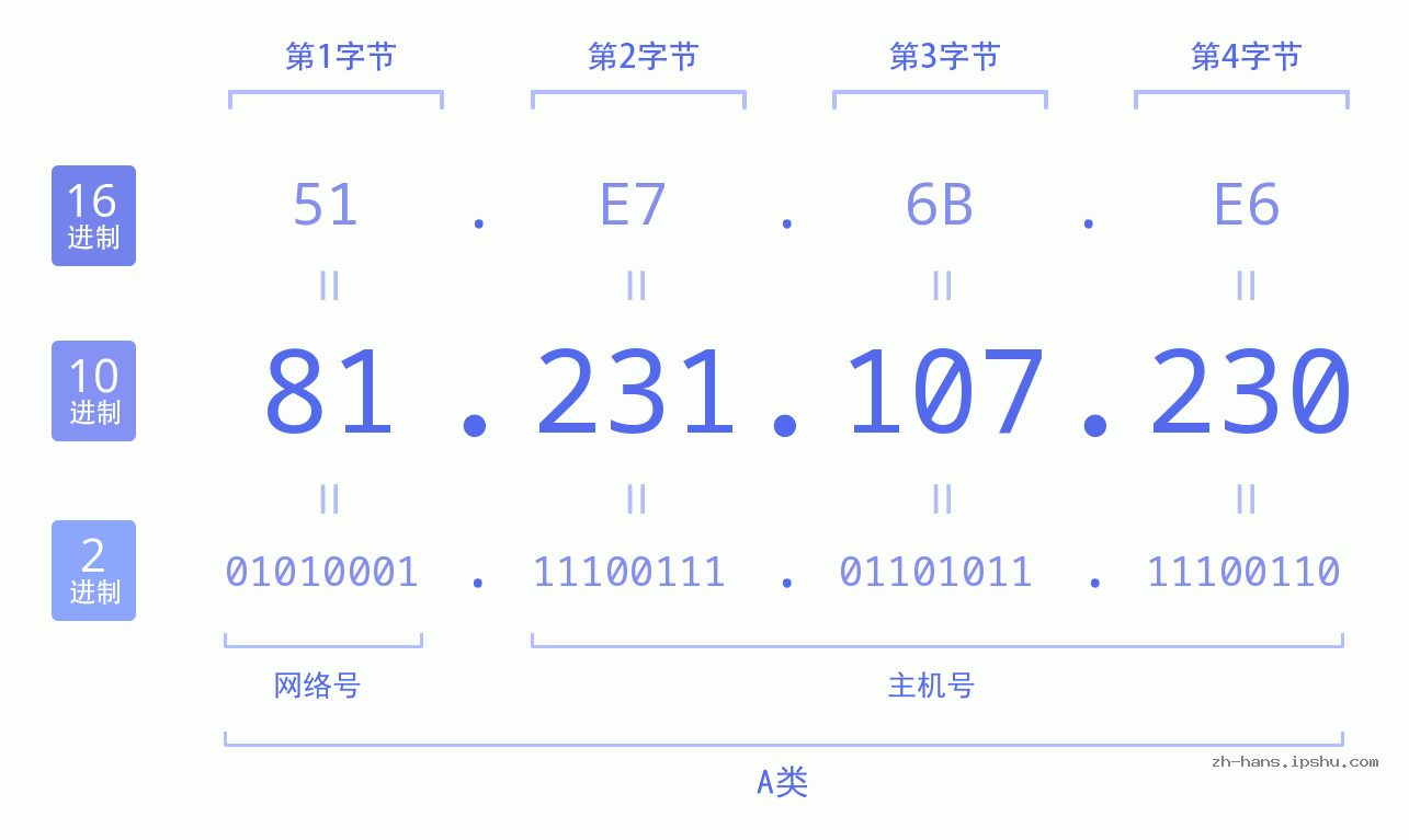 IPv4: 81.231.107.230 网络类型 网络号 主机号