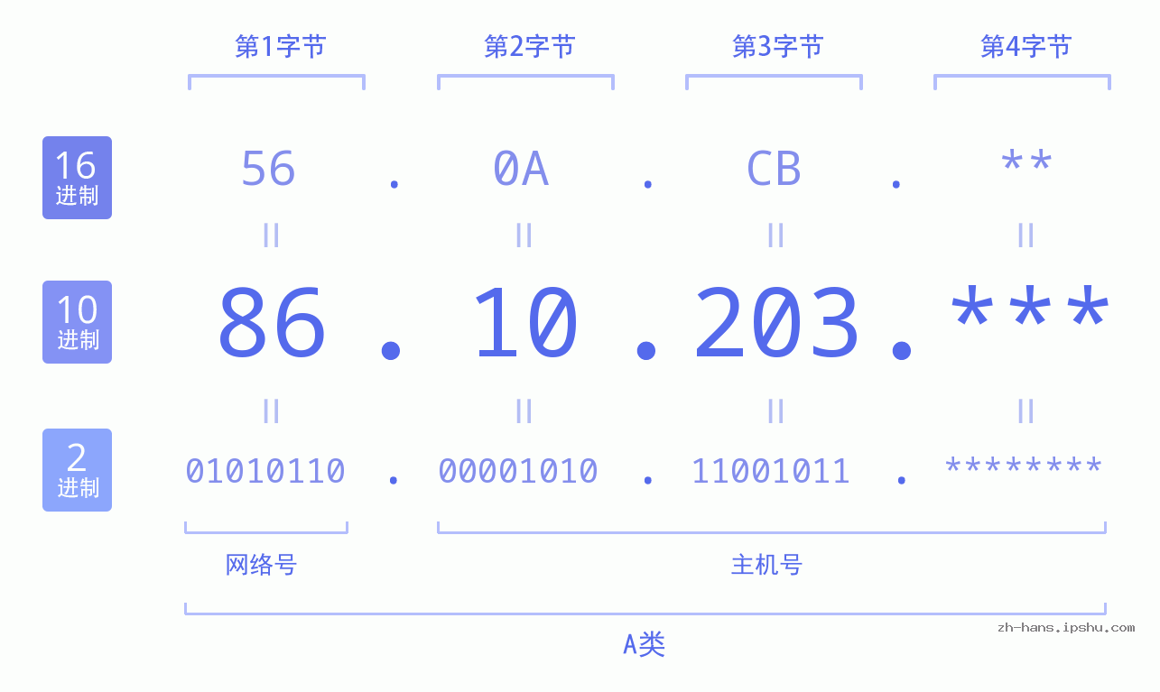 IP地址:86.10.203 数据结构图 二进制 十进制 十六进制 IPv4: 86.10.203 网络类型 网络号 主机号