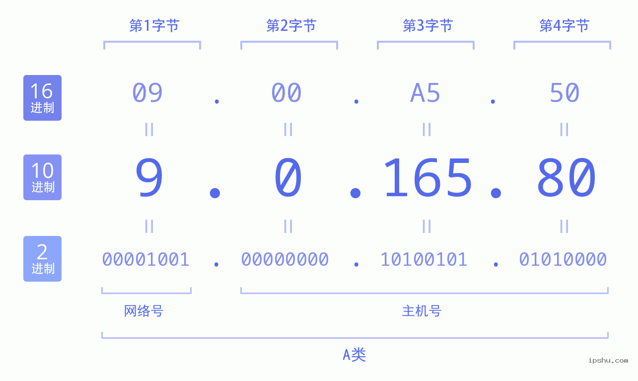 IPv4: 9.0.165.80 网络类型 网络号 主机号