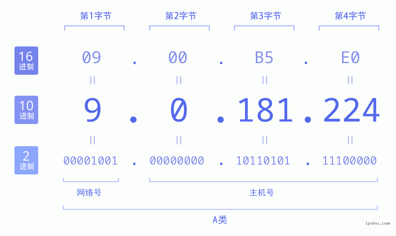 IPv4: 9.0.181.224 网络类型 网络号 主机号