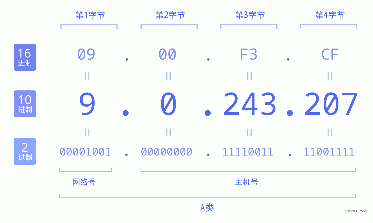 IPv4: 9.0.243.207 网络类型 网络号 主机号