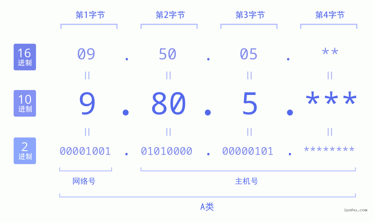 IPv4: 9.80.5 网络类型 网络号 主机号