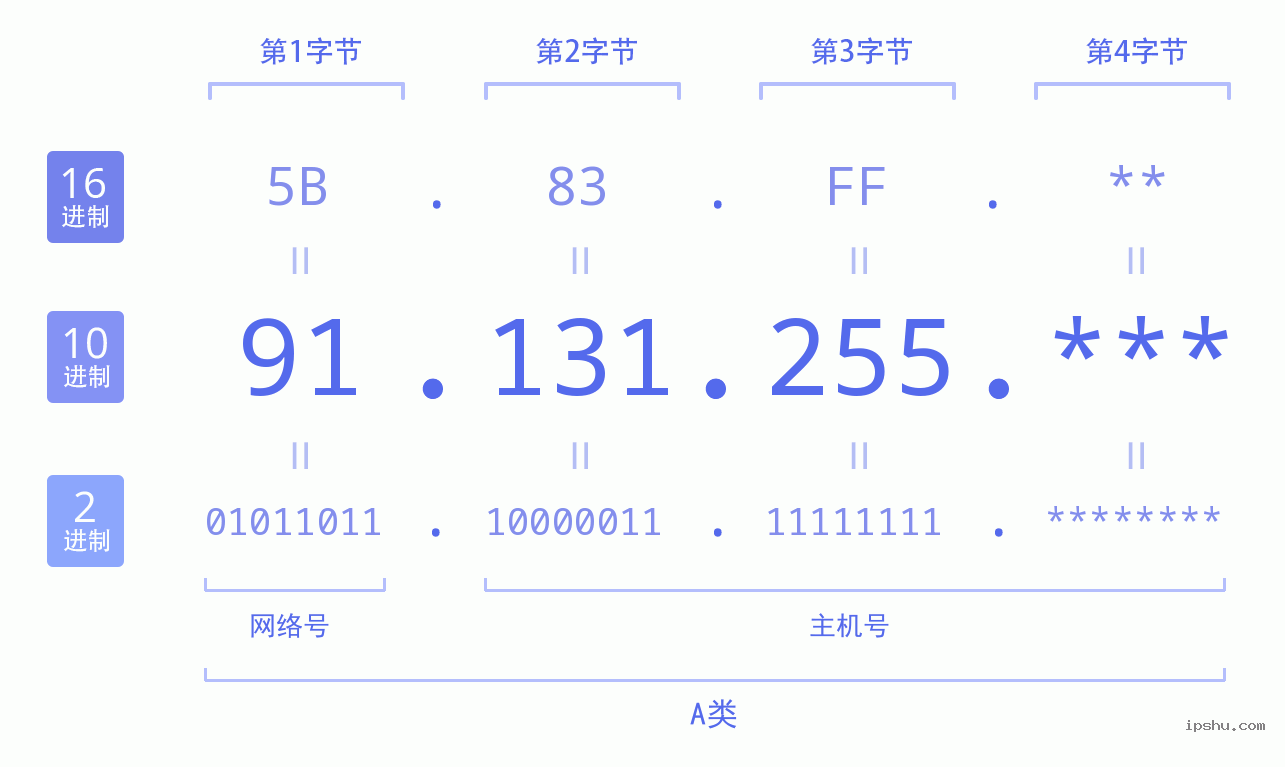 IPv4: 91.131.255 网络类型 网络号 主机号