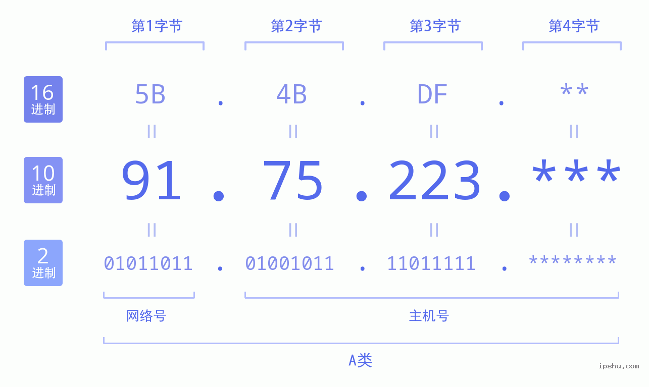 IPv4: 91.75.223 网络类型 网络号 主机号